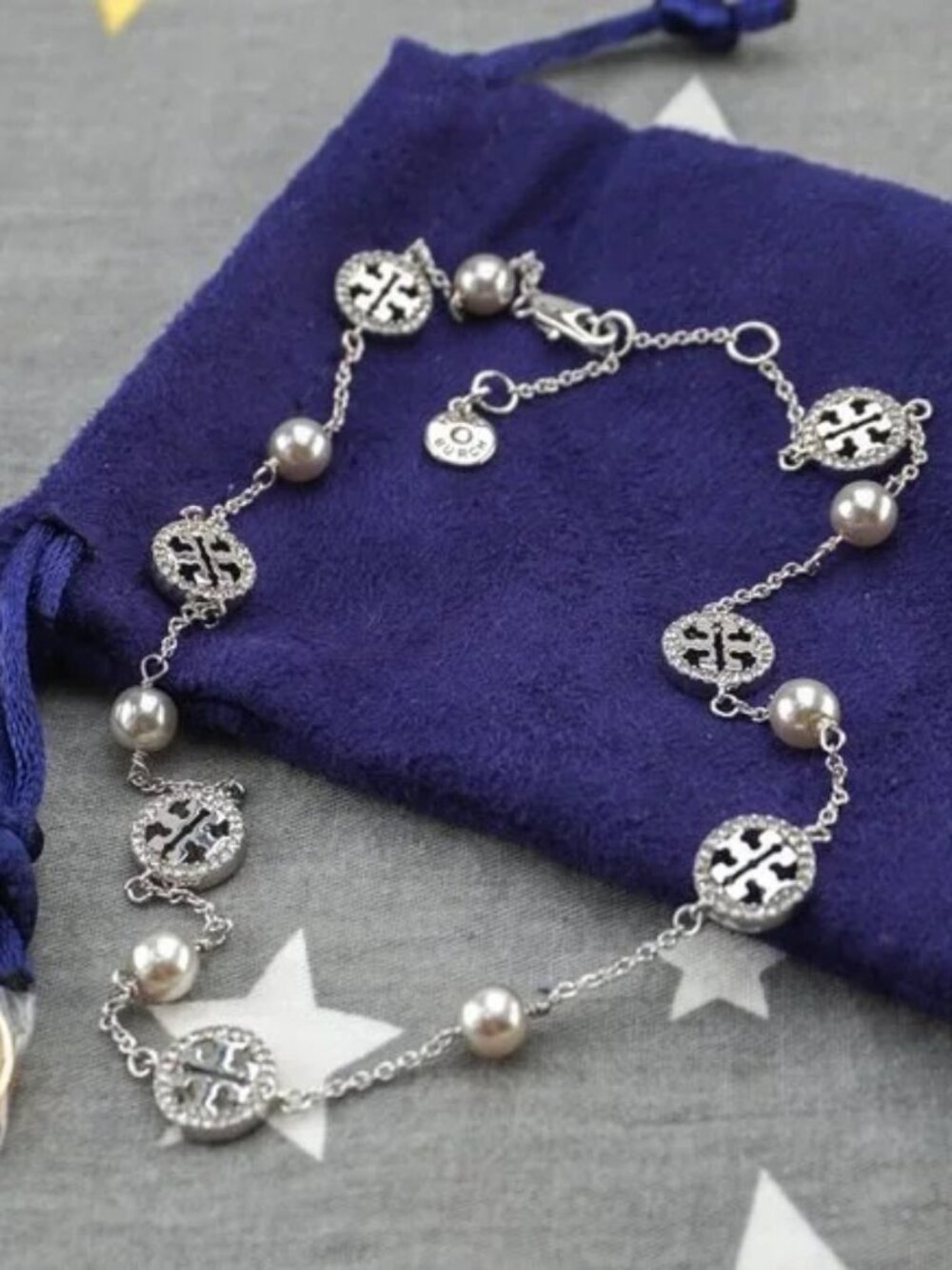 Tory Burch Miller Pavé Pearl Short Necklace Silver